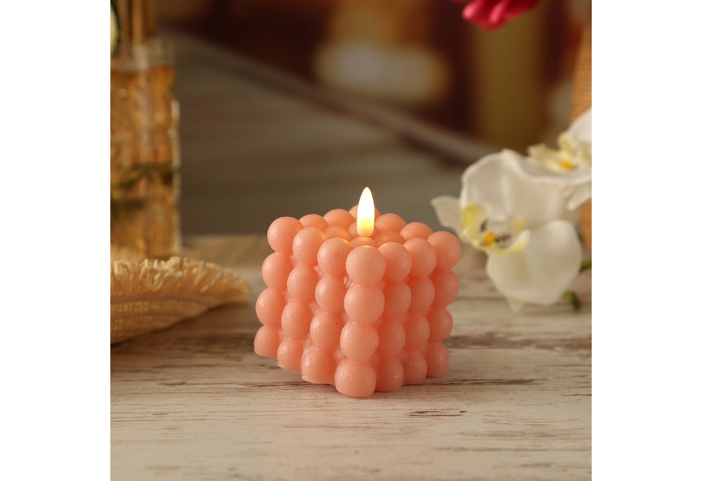MARELIDA LED-Kerze Bubble Würfel Cube Kerze Echtwachs 3D Flamme H: 9,5cm Timer rosa (1-tlg) von MARELIDA