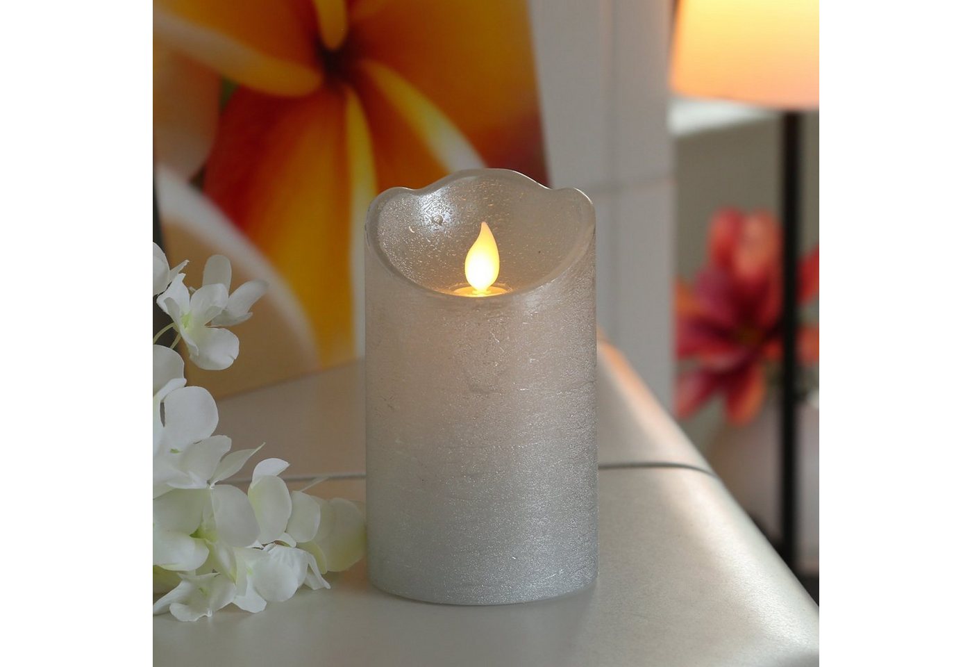 MARELIDA LED-Kerze Stumpenkerze TWINKLE Echtwachs bewegliche Flamme H:12,5cm Timer silber von MARELIDA