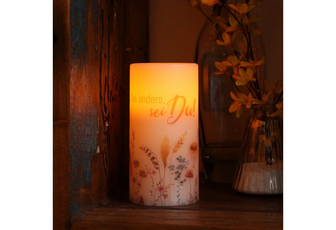 MARELIDA LED-Kerze mit Zitat Blumen Motiv Design Echtwachs flackernd H:15cm Batterie weiß von MARELIDA