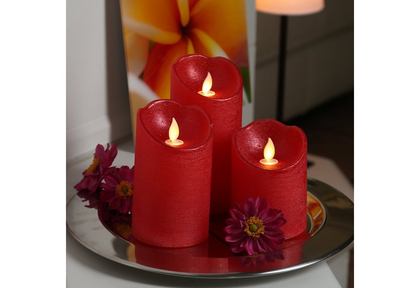 MARELIDA LED-Kerze LED Kerzenset Echtwachs bewegliche Flamme Fernbedienung rot 3er Set von MARELIDA