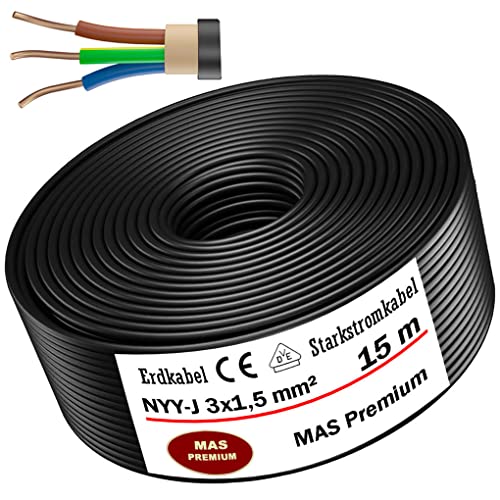 5m bis 170m NYY-J 3x1,5 mm² Erdkabel Starkstromkabel Elektrokabel Ring zur Verlegung im Freien, Erdreich (15m) von MAS Premium