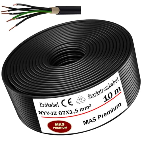 Erdkabel Starkstromkabel von 5m bis 100m NYY-JZ 7X1,5 mm² Elektrokabel Ring zur Verlegung im Freien, Erdreich (10m) von MAS Premium