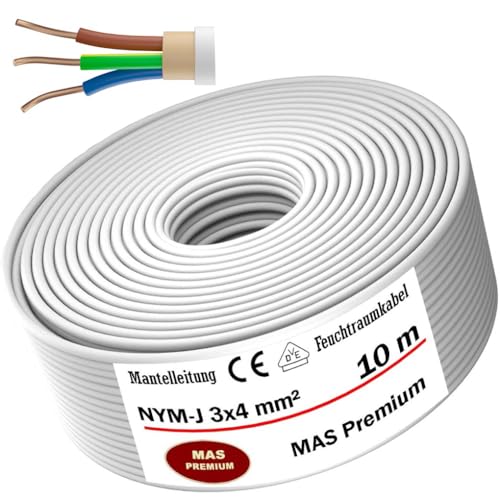 Feuchtraumkabel Stromkabel von 5 bis 100m Mantelleitung NYM-J 3x4 mm² Elektrokabel Ring für feste Verlegung (10 m) von MAS-Premium