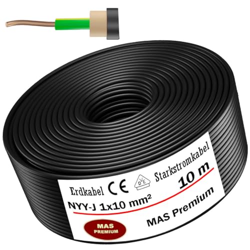 MAS-Premium® Erdkabel Deutscher Marken-Elektrokabel Ring zur Verlegung im Erd- und Außenbereich Standard Starkstromkabel (NYY-J 1x10 mm², 10m) von MAS Premium