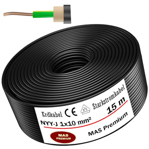 MAS-Premium® Erdkabel Deutscher Marken-Elektrokabel Ring zur Verlegung im Erd- und Außenbereich Standard Starkstromkabel (NYY-J 1x10 mm², 15m) von MAS Premium