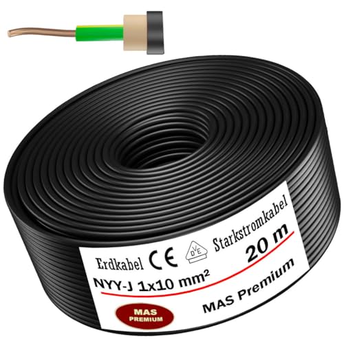 MAS-Premium® Erdkabel Deutscher Marken-Elektrokabel Ring zur Verlegung im Erd- und Außenbereich Standard Starkstromkabel (NYY-J 1x10 mm², 20m) von MAS Premium