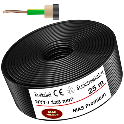 MAS-Premium® Erdkabel Deutscher Marken-Elektrokabel Ring zur Verlegung im Erd- und Außenbereich Standard Starkstromkabel (NYY-J 1x6 mm², 25m) von MAS Premium