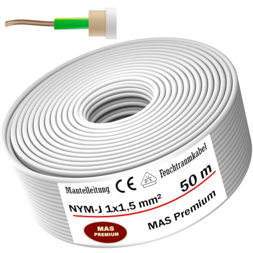 MAS-Premium® Feuchtraumkabel Stromkabel Mantelleitung Elektrokabel Ring zur Verlegung über, auf, in und unter Putz, in trockenen, feuchten und nassen Räumen - Made in Germany (NYM-J 1x1,5 mm², 50m) von MAS Premium