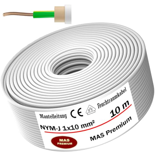 MAS-Premium® Feuchtraumkabel Stromkabel Mantelleitung Elektrokabel Ring zur Verlegung über, auf, in und unter Putz, in trockenen, feuchten und nassen Räumen - Made in Germany (NYM-J 1x10 mm², 10m) von MAS Premium