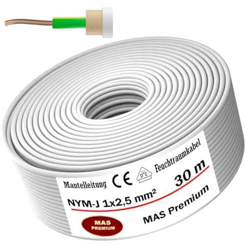 MAS-Premium® Feuchtraumkabel Stromkabel Mantelleitung Elektrokabel Ring zur Verlegung über, auf, in und unter Putz, in trockenen, feuchten und nassen Räumen - Made in Germany (NYM-J 1x2,5 mm², 30m) von MAS Premium