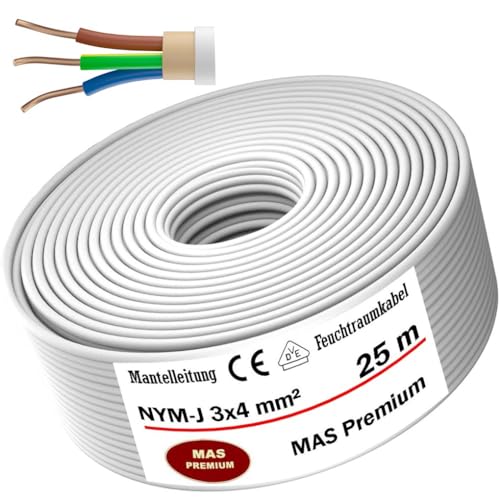 MAS-Premium® Feuchtraumkabel Stromkabel Mantelleitung Elektrokabel Ring zur Verlegung über, auf, in und unter Putz, in trockenen, feuchten und nassen Räumen - Made in Germany (NYM-J 3x4 mm², 25m) von MAS Premium
