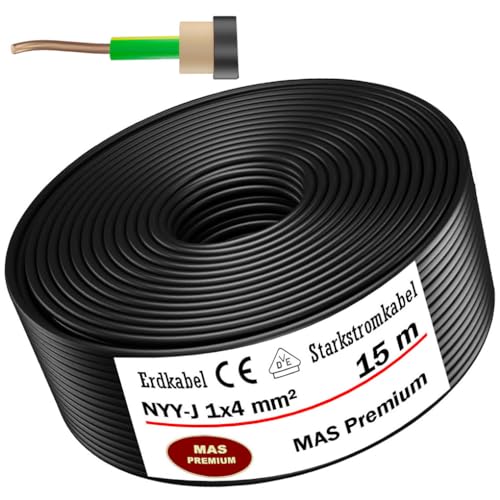 Von 5 bis 100m Erdkabel Starkstromkabel NYY-J 1x4 mm² Elektrokabel OFC Ring zur Verlegung im Freien, Erdreich (15m) von MAS Premium