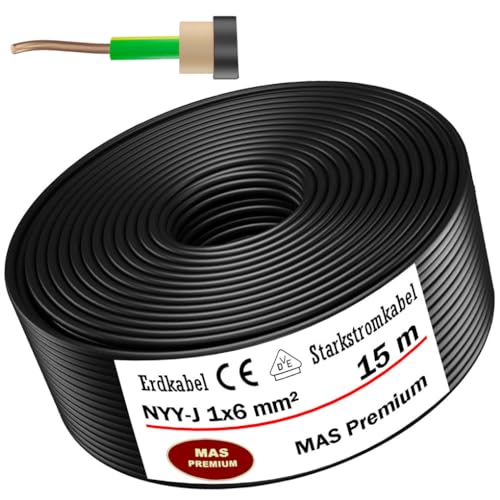 Von 5 bis 100m Erdkabel Starkstromkabel NYY-J 1x6 mm² Elektrokabel OFC Ring zur Verlegung im Freien, Erdreich (15m) von MAS Premium