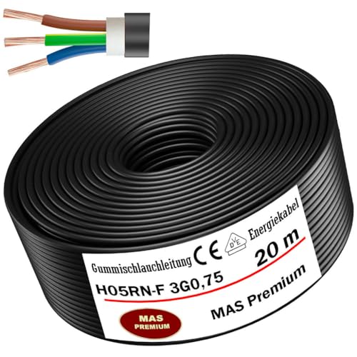 Von 5 bis 100m Gummischlauchleitung Energiekabel Baustellenkabel H05RN-F 3G0,75 mm² Flexibel Leitung für schweren Geräten (20m) von MAS Premium