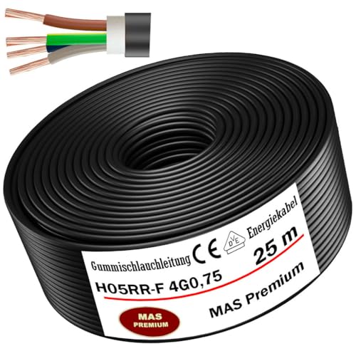 Von 5 bis 100m Gummischlauchleitung Energiekabel Baustellenkabel H05RR-F 4G 0,75 mm² Flexibel Leitung für Handgeräten und leichten Geräten (25m) von MAS Premium