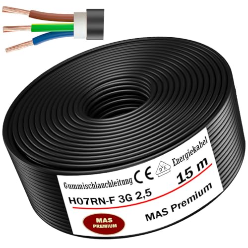 Von 5 bis 100m Gummischlauchleitung Energiekabel Baustellenkabel H07RN-F 3G2,5 mm² Flexibel Leitung mit Schutzleiter für schweren Geräten (15m) von MAS Premium