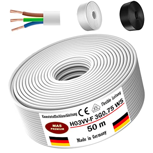 Von 5 bis 100m Kunststoffschlauchleitung H03VV-F 3G0,75 Schwarz oder Weiß Flexible Leitung Kabel Leitung Gerätekabel (Weiß, 50m) von MAS Premium