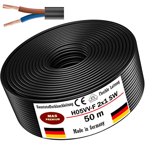 Von 5 bis 100m Kunststoffschlauchleitung H05VV-F 2x0,75; 2x1; 2x1,5 oder 2x2,5 Schwarz Flexible Leitung Kabel Leitung Gerätekabel (H05VV-F 2x1 SW, 50m) von MAS Premium