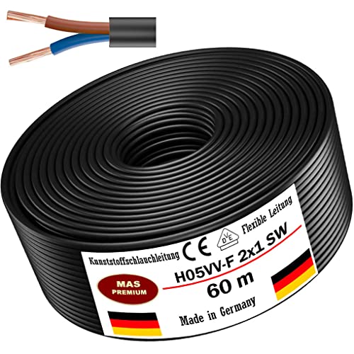 Von 5 bis 100m Kunststoffschlauchleitung H05VV-F 2x0,75; 2x1; 2x1,5 oder 2x2,5 Schwarz Flexible Leitung Kabel Leitung Gerätekabel (H05VV-F 2x1 SW, 60m) von MAS Premium