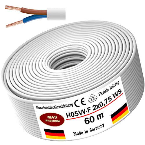 Von 5 bis 100m Kunststoffschlauchleitung H05VV-F 2x0,75; 2x1; 2x1,5 oder 2x2,5 Weiß Flexible Leitung Kabel Leitung Gerätekabel (H05VV-F 2x0,75 WS, 60m) von MAS Premium