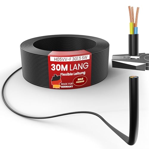 Von 5 bis 100m Kunststoffschlauchleitung H05VV-F 3G0,75; 3G1; 3G1,5 oder 3G2,5 Schwarz Flexible Leitung Kabel Leitung Gerätekabel (H05VV-F 3G1,5 SW, 30m) von MAS Premium