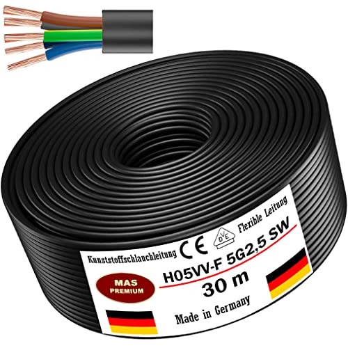 Von 5 bis 100m Kunststoffschlauchleitung H05VV-F 5G0,75; 5G1; 5G1,5 oder 5G2,5 Schwarz Flexible Leitung Kabel Leitung Gerätekabel (H05VV-F 5G2,5 SW, 30m) von MAS Premium
