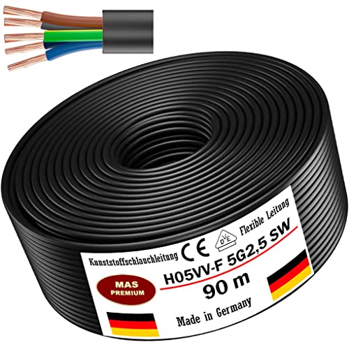 Von 5 bis 100m Kunststoffschlauchleitung H05VV-F 5G0,75; 5G1; 5G1,5 oder 5G2,5 Schwarz Flexible Leitung Kabel Leitung Gerätekabel (H05VV-F 5G2,5 SW, 90m) von MAS Premium