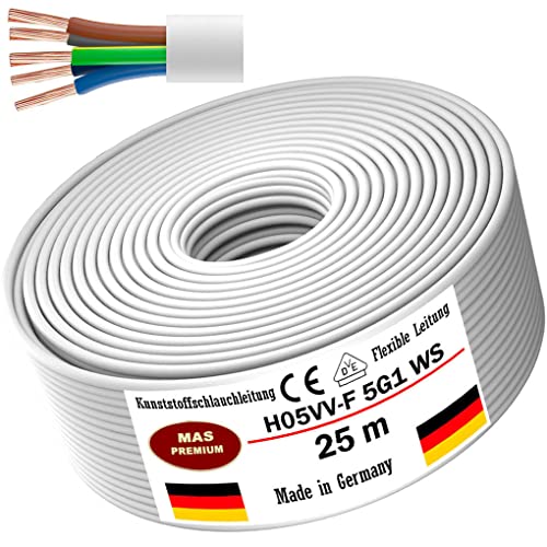 Von 5 bis 100m Kunststoffschlauchleitung H05VV-F 5G0,75; 5G1; 5G1,5 oder 5G2,5 Weiß Flexible Leitung Kabel Leitung Gerätekabel (H05VV-F 5G1 WS, 25m) von MAS Premium