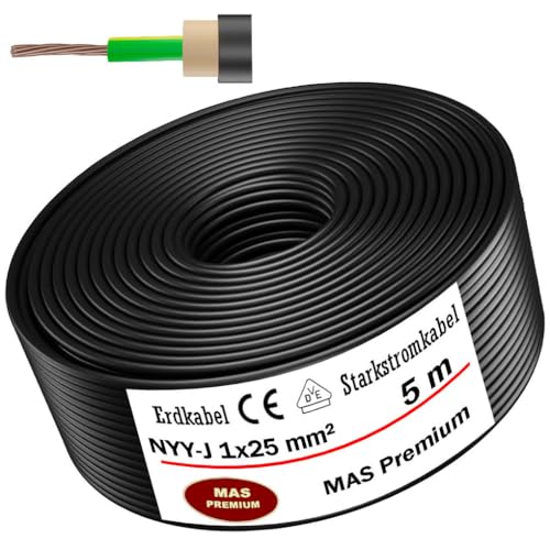 Von 5 bis 50m Erdkabel Starkstromkabel NYY-J 1x25 mm² Elektrokabel OFC Ring zur Verlegung im Freien, Erdreich (5m) von MAS Premium