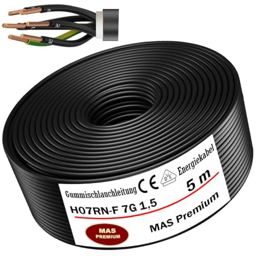 Von 5 bis 80m Gummischlauchleitung Energiekabel Baustellenkabel H07RN-F 7G1,5 mm² Flexibel Leitung mit Schutzleiter für schweren Geräten (5m) von MAS Premium