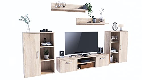 MATKAM Wohnwand Herkules II, Schrankwand Wohnzimmer Modern, Wohnzimmerschrank mit Fernsehtisch, Sideboard und Wandregal Wohnzimmer Komplett Möbel (Sonoma Eiche) von MATKAM