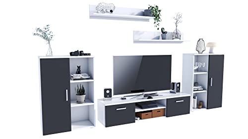 MATKAM Wohnwand Herkules II, Schrankwand Wohnzimmer Modern, Wohnzimmerschrank mit Fernsehtisch, Sideboard und Wandregal Wohnzimmer Komplett Möbel (Weiß/Schwarz) von MATKAM