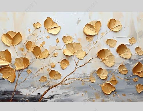 Fototapete 3D Effekt Tapete 3D Ölgemälde Goldene Blätter Von Hand Gezeichnet Vlies Tapete Modern Wohnzimmer Schlafzimmer Wandtapete Motivtapeten 400Cm(W)*280Cm(H) von MATUDA