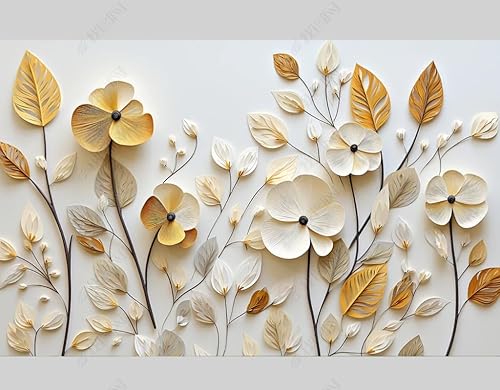 Fototapete 3D Effekt Tapete 3D Weiße Goldene Blätter Blühen 3D Vlies Tapete Modern Wohnzimmer Schlafzimmer Wandtapete Motivtapeten 400Cm(W)*280Cm(H) von MATUDA