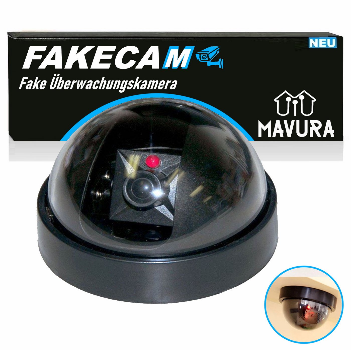 MAVURA FAKECAM Dummy Kamera Attrappe Dome Überwachungskamera Überwachungskamera Attrappe (Fake Dome 360° Camera mit Licht schwarz Innen & Außen) von MAVURA