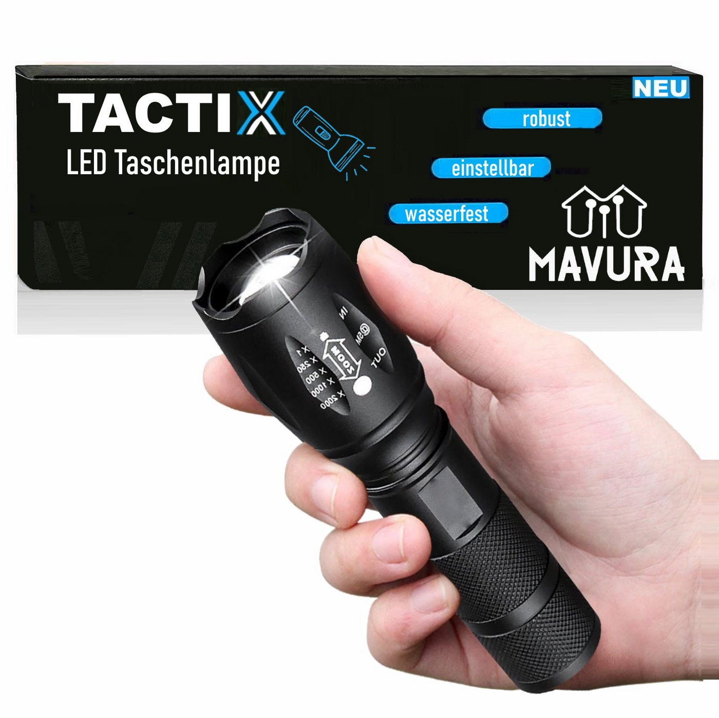 MAVURA LED Taschenlampe TACTIX LED taktische Taschenlampe schwarz Zoomfunktion, Polizei Taschen Lampe Security 40x Heller Taschenlampen von MAVURA