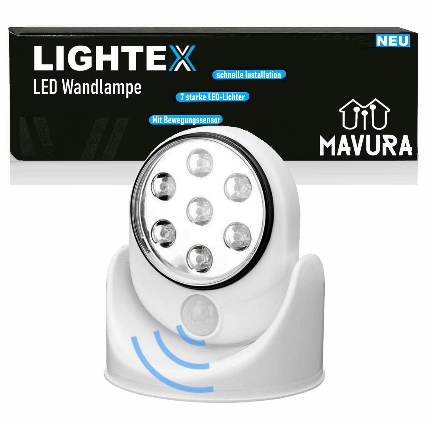 MAVURA LED Wandleuchte LIGHTEX LED Wandlampe Wandleuchte Wandstrahler, LED fest integriert, Tageslichtweiß, Led, mit Bewegungsmelder kabellos Batteriebetrieben Innen Außen von MAVURA