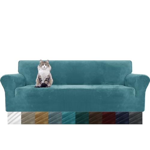 MAXIJIN Dicker Samt Extra große Sofabezüge 4-Sitzer Super Stretch Rutschfester übergroßer Sofabezug für Hunde Cat Pet 1-teiliger XL-Sofabezug elastischer Möbelschutz (4 Sitzer, Pfauen Blau) von MAXIJIN