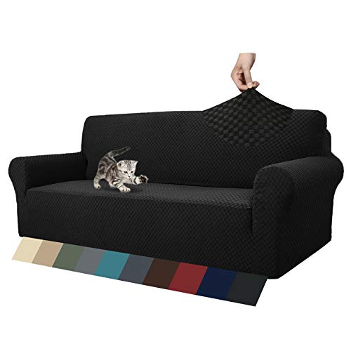 MAXIJIN Jacquard Sofabezug 3 Sitzer 1 Stück Couch Bezug rutschfest Schonbezug Sofa für Wohnzimmer Stretch-bezüge für Hunde Haustiere mit Anti-Rutsch-Schäume (3 Sitzer, Schwarz) von MAXIJIN