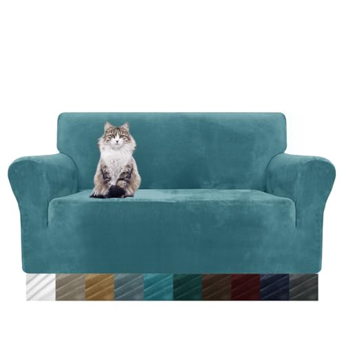 MAXIJIN Thick Velvet Sofabezüge 2-Sitzer Stretch rutschfeste Loveseat Bezüge für Wohnzimmer Hunde Pet Plüsch Love Seat Couch Schonbezüge Furniture Protector (2 Sitzer, Pfauen Blau) von MAXIJIN