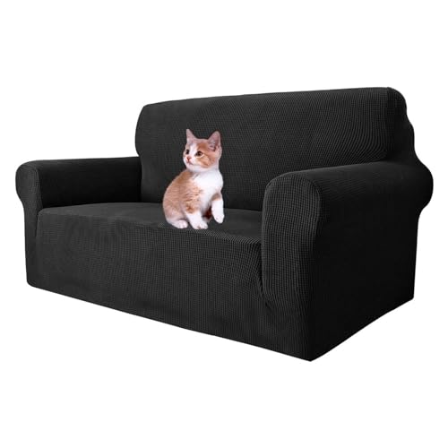 MAXIJIN Super Stretch Couch Bezug für 2-Sitzer Couch, 1-teilige Universal Love Sitzbezüge Jacquard Spandex Sofa Protector Hunde Haustierfreundliche Loveseat Schonbezug (2 Sitzer, Schwarz) von MAXIJIN