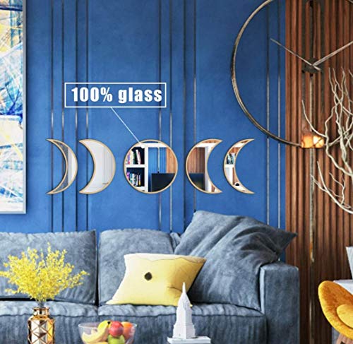 MAXROCK Mond Phase Spiegel Set, Wandmontagewand Dekor Spiegel, Boho Akzente Raumdekoration, skandinavische Natur Wandbehang Glas Mond Spiegel Wand Deko für Schlafzimmer Wohnzimmer Punchless von MAXROCK