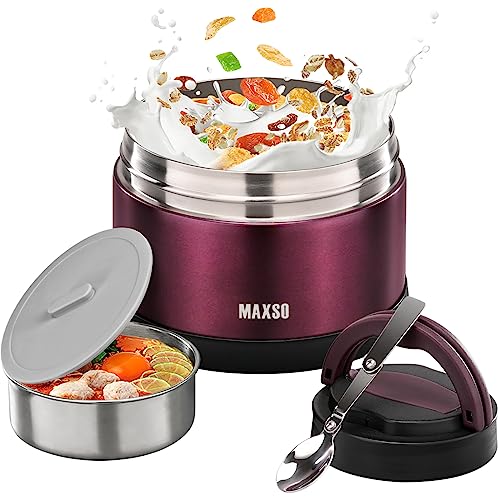 MAXSO Suppen-Thermoskanne für heiße Speisen – 680 ml vakuumisolierter Lunchbehälter mit faltbarem Löffel & Thermobeutel, breite Öffnung Bento-Box für Erwachsene (Burgunderrot) von MAXSO