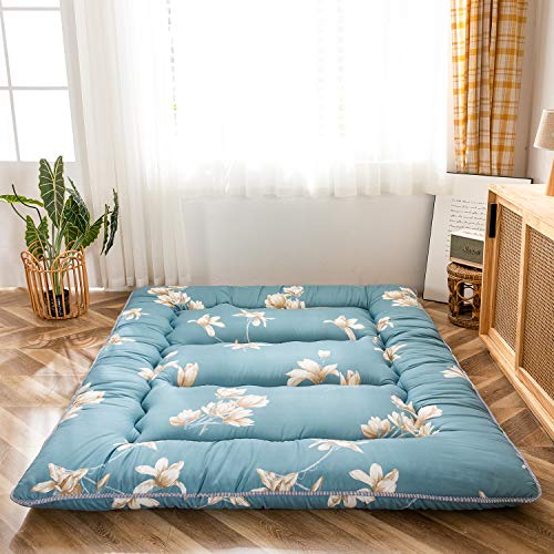 MAXYOYO Japanische Bodenmatratze, Futon-Matratze, Dicke Tatami-Matte, Schlafunterlage, Faltbare Roll-Matratze, Schlafsaal, Matratze, Bodenliege, Kissen, Bett (Blaue Blume, 150 x 200 cm) von MAXYOYO