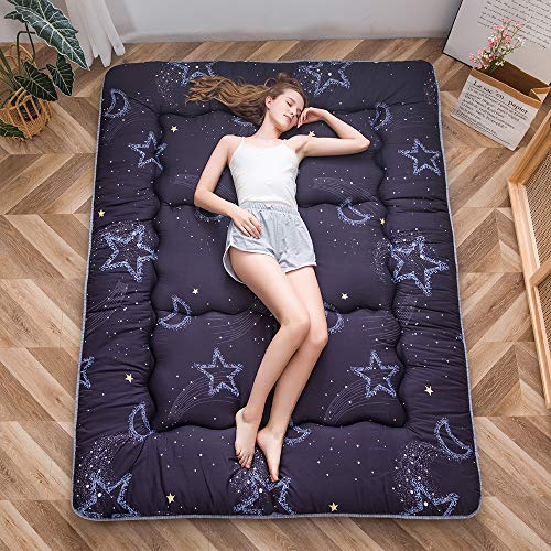 MAXYOYO Japanische Bodenmatratze Futonmatratze, Verdicken Tatami Matte Isomatte Faltbare Roll Up Matratze Schlafsaal Matratzenauflage Bodenliege Kissen Bett (Mond und Stern, 140 x 200 cm) von MAXYOYO