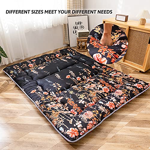 MAXYOYO Japanische Bodenmatratze Futonmatratze, Verdicken Tatami Matte Isomatte Faltbare Roll-Up Matratze Schlafsaal Matratzenauflage Bodenliege Kissen Bett (Schwarz Blumen, 140 x 200 cm) von MAXYOYO