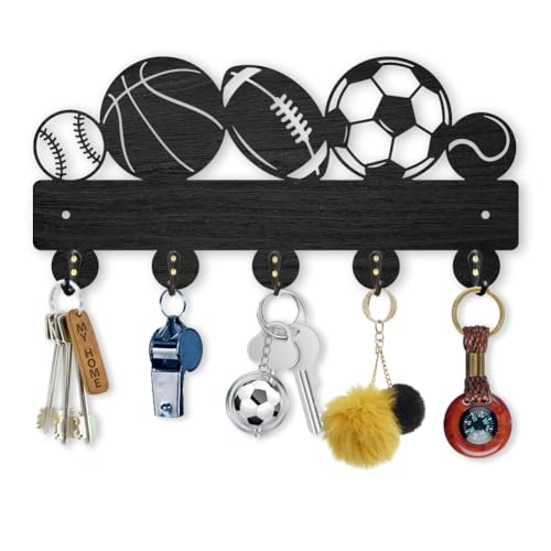 MAYJOYDIY Schlüsselhalter für Sport, Basketball, Fußball, Wandmontage, Tennis, Baseball, Rugby, Wandhaken, 30 x 14,4 cm, 5 Haken aus Legierung, Holz, Schlüsselbrett für Eingangsbereich, Flur, Küche, von MAYJOYDIY