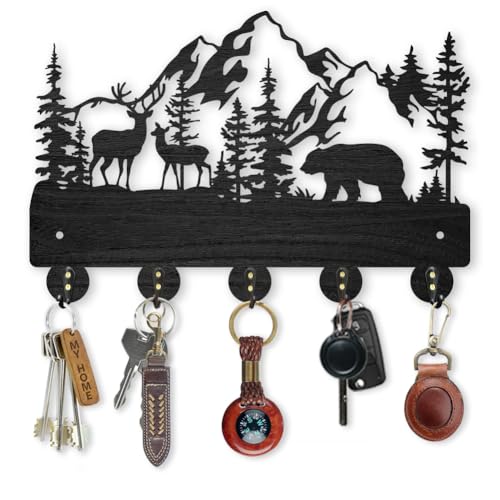 MAYJOYDIY Wald Hirsch Bär Schlüsselhalter für Wand 30 x 19 cm Waldtier Berg Wandmontierte Schlüsselhaken Aufhänger 5 Metallhaken Schwarz Holz Schlüsselbrett für Home Art Decor Eingang Haustür Geschenk von MAYJOYDIY