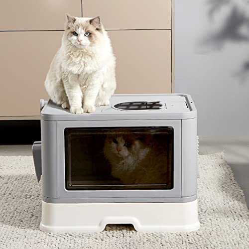 Katzenklo, Katzentoilette mit Deckel, Katzenklo inklusive Schaufel, ausziehbares Tablett, 2 Öffnungen, auslaufsicherer Boden. (B-grau) von MAYMAR
