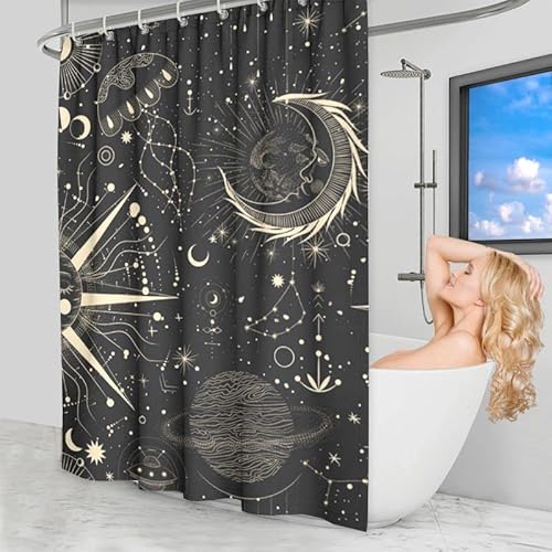 MB Home Duschvorhang 180x180 cm - Schwarz Gold - Schimmelresistenter Badewannenvorhang aus 100% Polyester - Premium Shower Curtain - Waschmaschinenfester Badevorhang inkl. Kunststoffhaken von MB Home